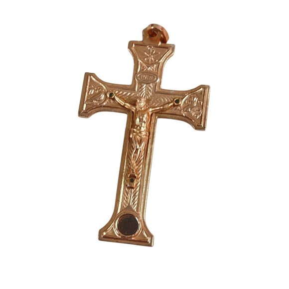 Vintage Catholic Crucifix Pendant Rose Gold Tone INRI Front & Stations of the Cr - Picture 3 of 7